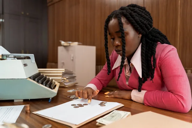 A businesswoman in vintage attire counts coins in a retro office setting. Fiduciario con attestato federale di professionalità: cosa significano i titoli